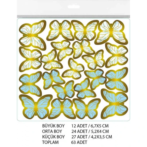 Kelebek Dekoratif Süs Varaklı Mavi Set:63 Adet