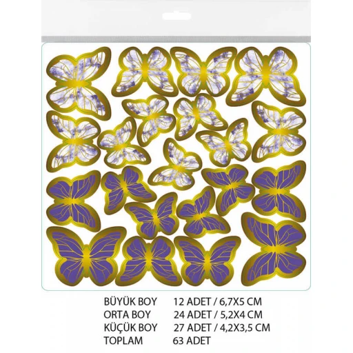 Kelebek Dekoratif Süs Varaklı Mor Set:63 Adet