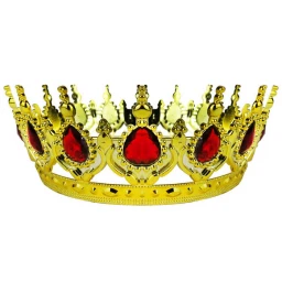 Taç Plastik Altın Pasta Süsü Taşlı Kırmızı