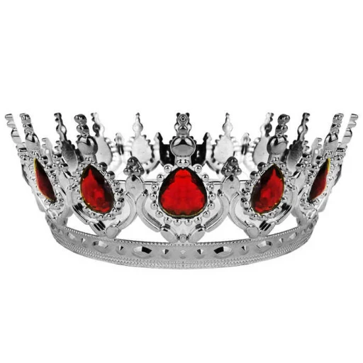 Taç Plastik Gümüş Pasta Süsü Taşlı Kırmızı