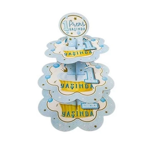 1 Yaş Erkek Karton Cupcake Kek Standı 3 Katlı