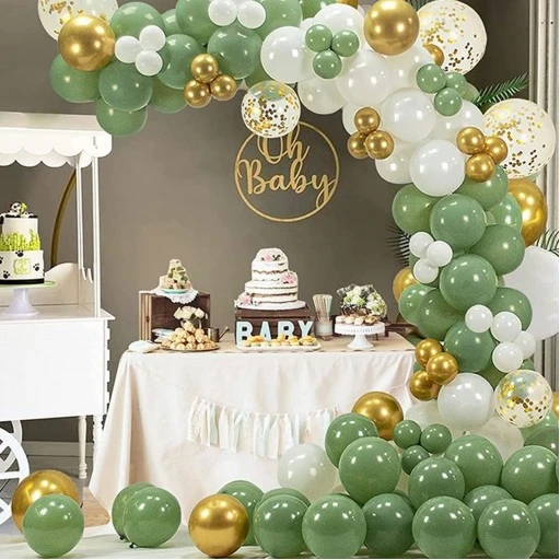 Küf Yeşili Beyaz Gold Krom Konfetili Zincir Balon Seti 128 Parça