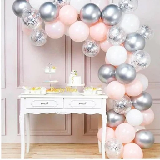 Pembe Beyaz Gümüş Krom Konfetili Balon Zincir Seti 5 Metre 102 Parça