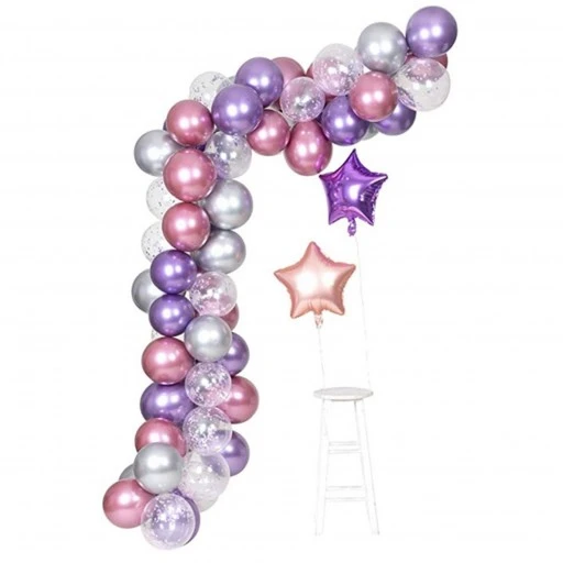 Pembe Mor Gümüş Konfetili Balon Zincir Seti 71 Parça