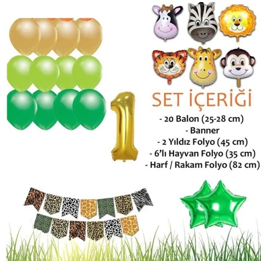 Safari Konsepti 1 Yaş Doğum Günü Parti Kutlama Seti; Rakam Ve Yıldız Folyo, Banner Ve Balon Zinciri