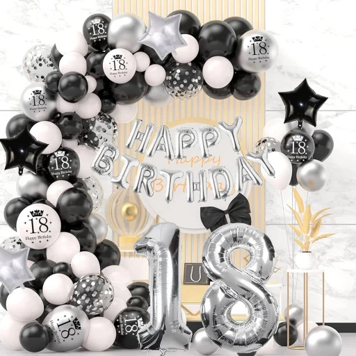18. Yaş Doğum Günü Dekorasyonu, Balon, Çelenk, Siyah, Beyaz, Gümüş