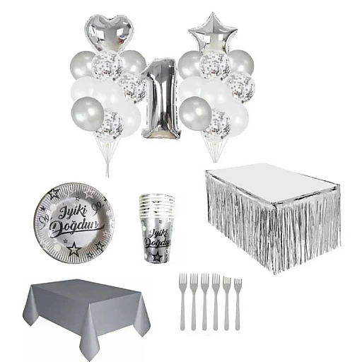 Gümüş Renk 1 Yaş Doğum Günü Seti 16 Kişilik