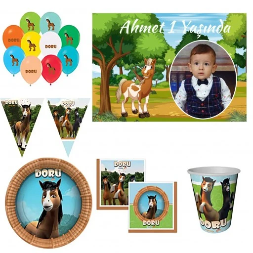 Afiş Hediyeli 8 Kişilik Doru At Parti Süsleri Doğum Günü Süsleri