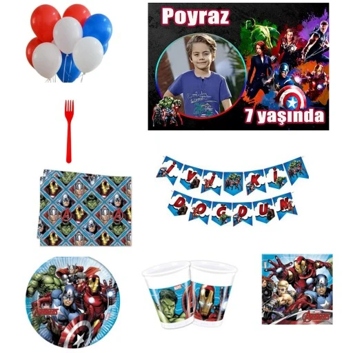 8 Kişilik Avengers Yenilmezler Afiş Hediyeli Doğum Günü Süsleri Parti Seti