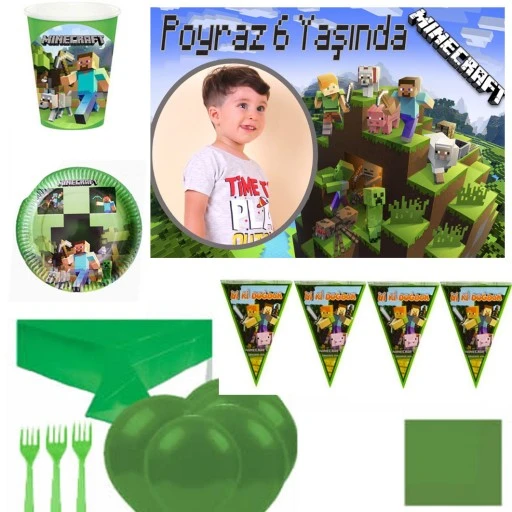 Afiş Hediyeli Minecraft Doğum Günü Süsleri 8 Kişilik Parti Malmesi