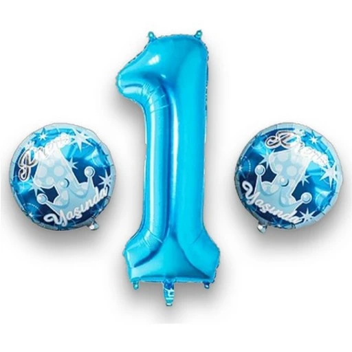 Prens 1 Yaşında Mavi Folyo Balon Set 3'lü Mavi