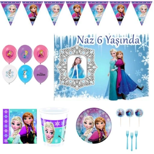 16 Kişilik Frozen Elsa Karlar Ülkesi Doğum Günü Setleri, Parti Malzemeleri Fotoğraflı Afiş