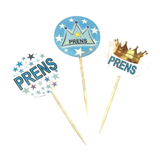 Mavi Renk Prens Yazılı Yıldız Desenli Parti Kürdan Süsü 20 Adet