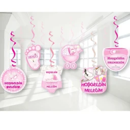 Hoş Geldin Bebeğim Meleğim Yazılı Temalı Pembe 6'lı 70 cm Çift Taraflı Sarkıt Tavan Süsü