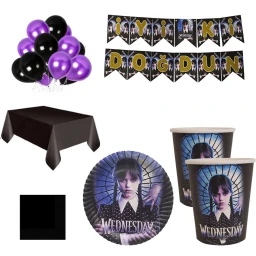 16 Kişilik Wednesday Tabak, Bardak Yazı Balon Seti, Addams Wednesday Parti Doğum Günü Parti Süsleri