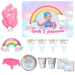 Afiş Hediyeli Gokkuşağı Doğum Günü Konsepti, Parti Seti 8 Kişilik