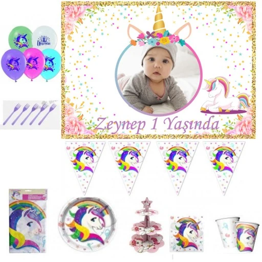 Unicorn 1-2-3 Yaş Doğum Günü Süsleri Masa Seti Parti Seti Full Set 8 Kişilik Fotoğraflı