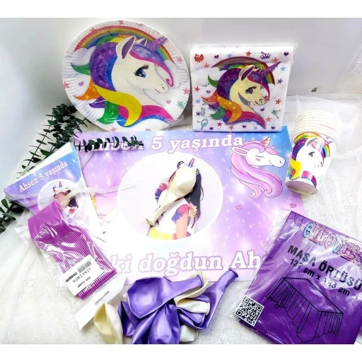 Unicorn Afiş Hediyeli Doğum Günü Süsleri Masa Seti Parti Seti Full Set 8 Kişilik Fotoğraflı