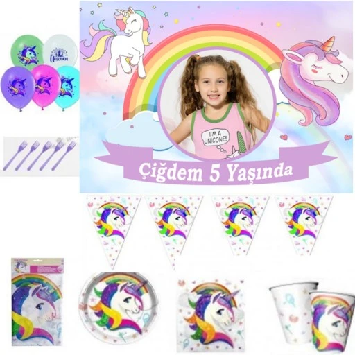 Unicorn Afiş Hediyeli Doğum Günü Süsleri Masa Seti Parti Seti Full Set 8 Kişilik Fotoğraflı