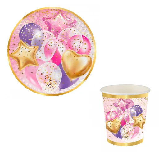 8 Kişilik Uçan Balonlar Pembe Karton Bardak Ve Tabak Set