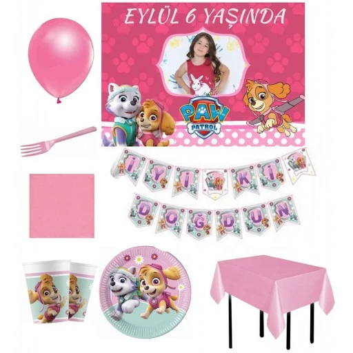 Afiş Hediyeli 8 Kişilik Paw Patrol Skye & Everest Parti Seti Kız Doğum Günü Süsleri
