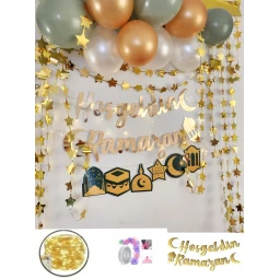 Hoşgeldin Ramazan Süsleme Seti Led Işılı Perdeli Set 13 Balonlu Işıklı Ramazan Süsleme Seti