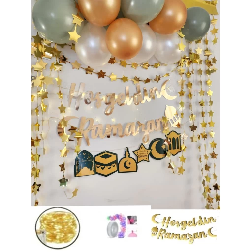 Hoşgeldin Ramazan Süsleme Seti Led Işılı Perdeli Set 13 Balonlu Işıklı Ramazan Süsleme Seti