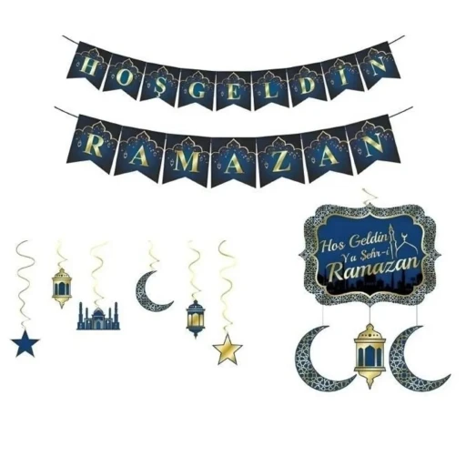 Hoşgeldin Ramazan Ramazan Süsleri Seti Mavi Tonlarında Altın Yaldızlı Lüks