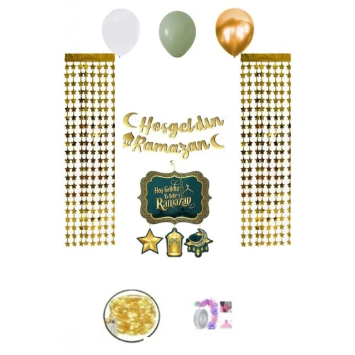 Ramazan Süsleme Seti Led Işılı Perdeli Set 13 Balonlu Sarkıtlı Set