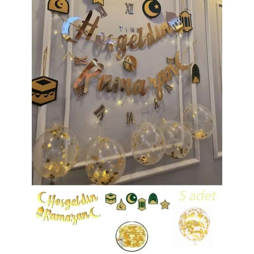 Ramazan Süsleri 6'lı Tavan Sarkıt Süs, Hoşgeldin Ramazan Altın Yazı Ve Led Ve 5 Adet Şeffa Balon