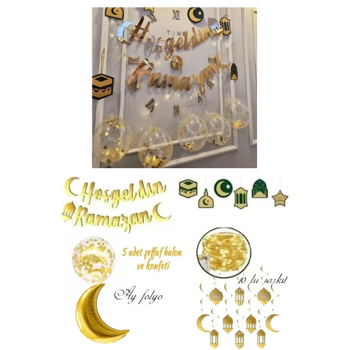 Ramazan Süsleri 6'lı Tavan Sarkıt Süs, Hoşgeldin Ramazan Altın Yazı Ve Led Ve 5 Adet Şeffa Balon Folyo Balon