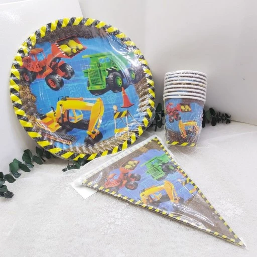 İnşaat Desenli Tabak Bardak Flama 8 Kişilik Ekonomik Set