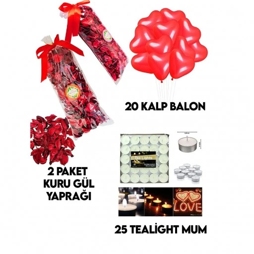 600 Kuru Gül Yaprağı,20 Kalp Balon,25 Beyaz Mum Romantik Hediye 14 Şubat Sevgililer Günü Doğum Günü