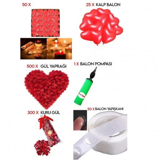 50 Kalp Mum, 25 Kalp Balon, 500 Gül Yaprağı, 300 Kuru Gül, 1 Balon Pompası Evlilik Teklifi Paket Set