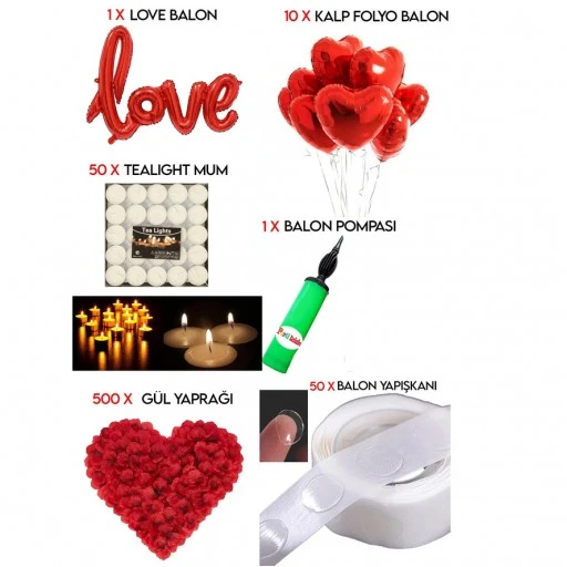 Mum, Love Ve Kalp Balon, Gül Yaprağı, Tealight Mum Süsleme, Sevgililer Günü, Evlilik Teklifi