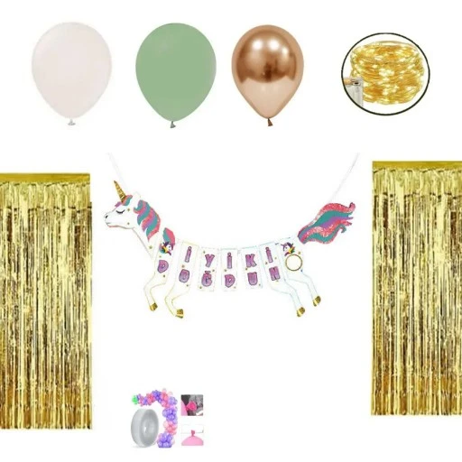 Unicorn İyi Ki Doğdun Led Işılı Perdeli Set 13 Balonlu