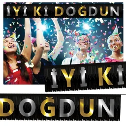Püsküllü İyi Ki Doğdun Banner Siyah Altın Gümüş