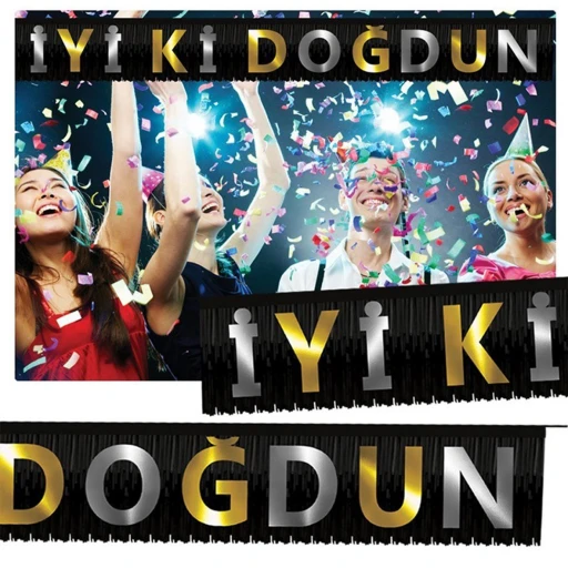 Püsküllü İyi Ki Doğdun Banner Siyah Altın Gümüş