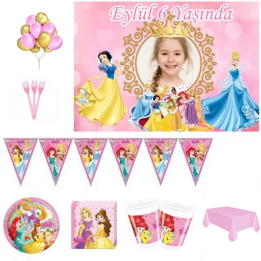 Afiş Hediyeli Prenseler Doğum Günü Süsleri, Parti Seti 8 Kişilik Hdts168