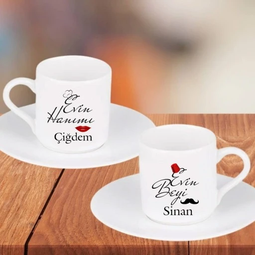 Evin Beyi Evin Hanımı Kişiye Özel Kalpli Kahve Fincanı Ve Altlık 2 Adet Set