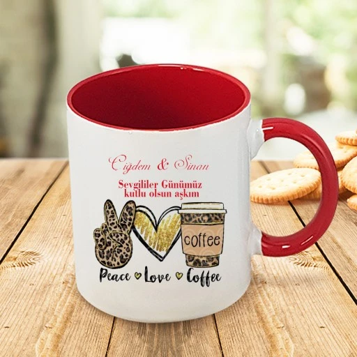 Kulpu Ve İçi Kırmızı Kupa Bardak Love Peace Coffe Sevliler Günü Hediyelik