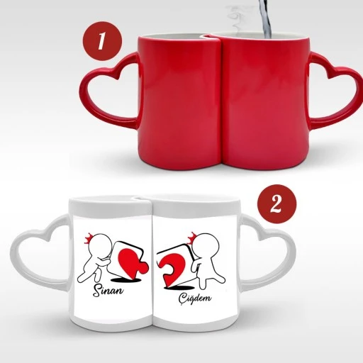 Sevgililer Günü Hediyelik İkili Kalp Kulplu Kırmızı Sihirli Kupa Bardak Yapboz Hediyelik