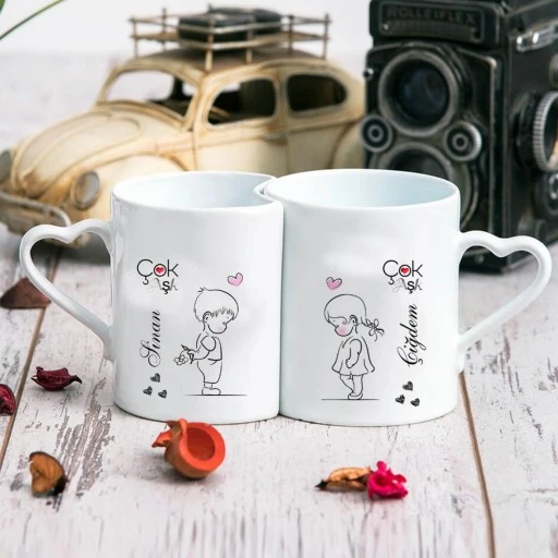 Sevgililer Günü Hediyelik İkili Kalp Kulplu Kupa Bardak Şirin Hediyelik