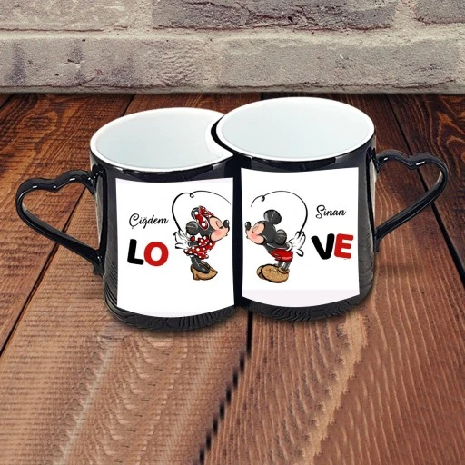 Sevgililer Günü Hediyelik İkili Kalp Kulplu Siyah Sihirli Kupa Bardak Mickey Minnie Hediyelik