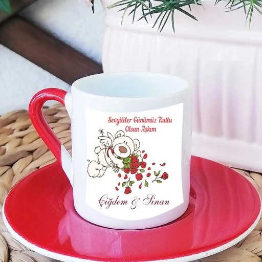 Sevgililer Günü Kişiye Özel Kalpli Kahve Fincanı Ve Altlık Kırmızı Ayıcıklı