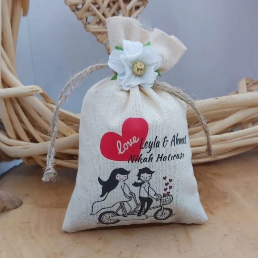 Kişiye Özel Tasarım İsimli Kese Bisiklette Gelin Damat Söz Hediyesi