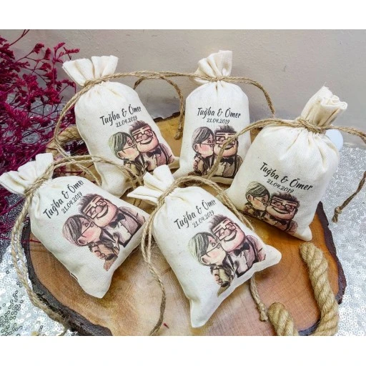 Kuru Çiçek Süslü Kişiye Özel Baskılı Keten Kese Up Modeli Nikah Söz Nişan Hediyesi