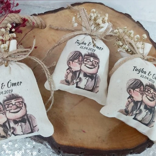 Kuru Çiçek Süslü Kişiye Özel Baskılı Keten Kese Up Modeli Nikah Söz Nişan Hediyesi
