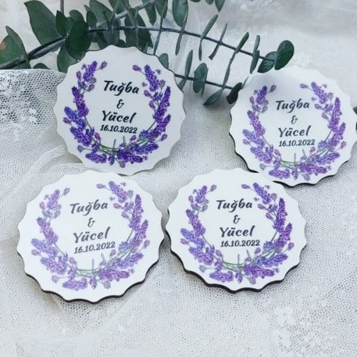 Lavanta Çiçek Desenli Ahşap Nikah Şekeri Uv Baskı Nişan Hediyeliği Ekonomik