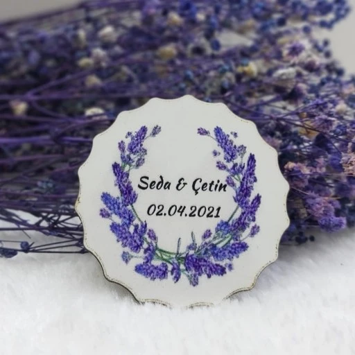 Lavanta Çiçek Desenli Ahşap Nikah Şekeri Uv Baskı Nişan Hediyeliği Ekonomik